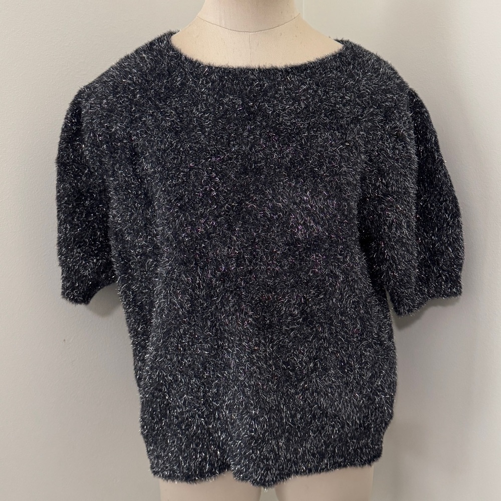 Skies Are Blue Large‎ Black Charcoal Shimmer Fuzzy Eyelash Sweater Holiday